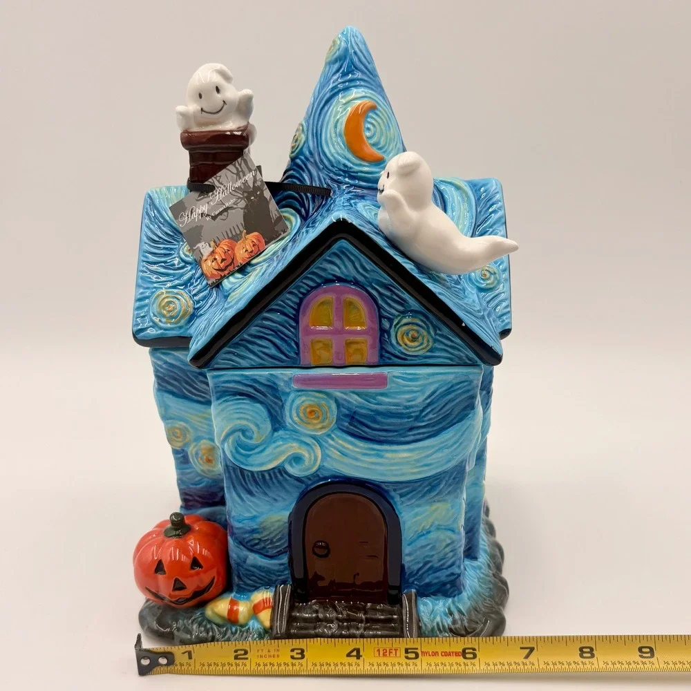 Corner Ruby Starry Night Haunted House Halloween Ceramic Cookie Jar Van Gogh